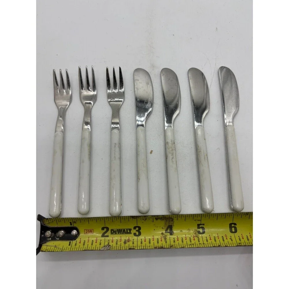 Lot of 7 Vintage Stainless Steel Cutlery Set White Plastic Handles 3 Forks 4 Kni